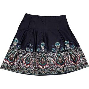 🍀Talbots Petite Navy Blue Paisley Pleated Knee Length Cotton A-Line Skirt Sz 14P